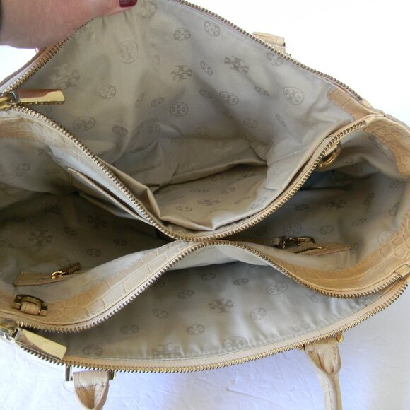 TORY BURCH BEIGE CROC EMBOSSED LEATHER SATCHEL TOTE TRIPLE COMPARTMENT - Picture 10 of 10